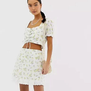 Emory Park Blue Ditsy Floral Eyelet Lace Detail Two Piece Mini  Skirt Set Sz S